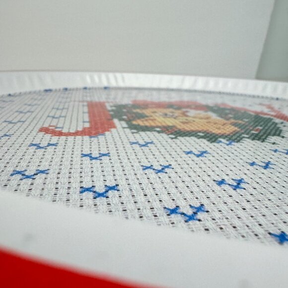 Vtg Round Metal Tin Tray Joy Printed Cross Stitch Design Teddy Bear SNP Chicago - Picture 5 of 13